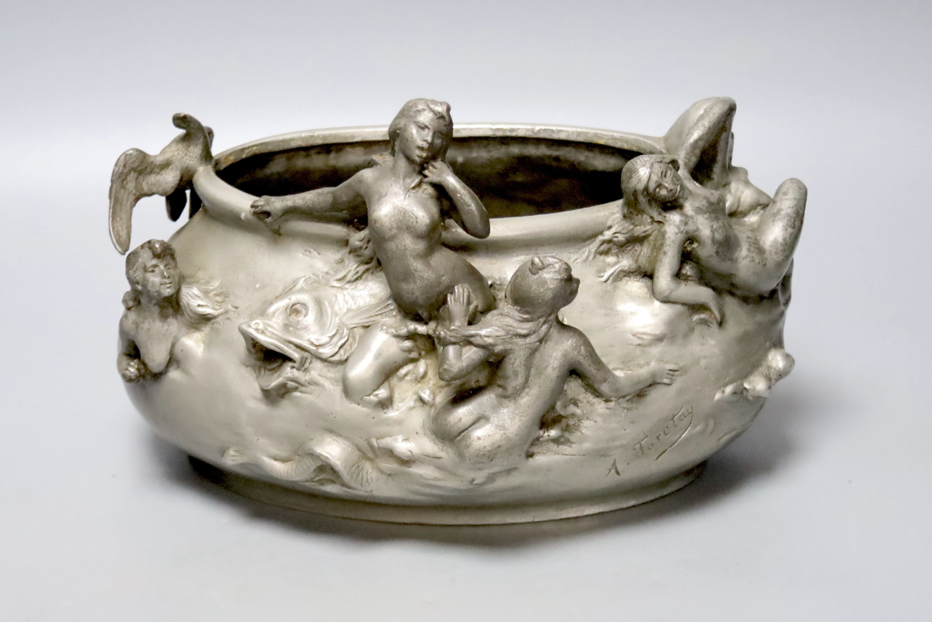 After A. Foretay. An Art Nouveau pewter centrepiece cast with sea creatures, width 29cm